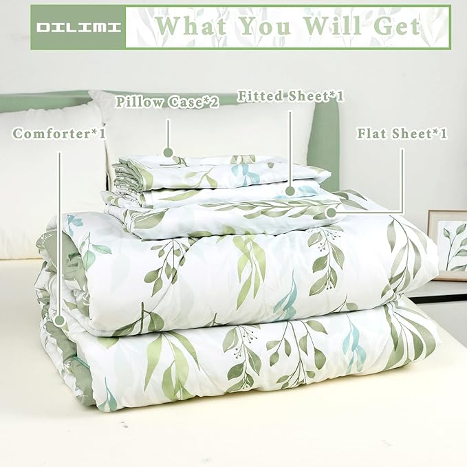 DILIMI Full Size Comforter Set for Girls, 5 Pieces Reversible Comforter Full Size, Ultra Soft Green Leaf Full Size Bed Comforter Sets with Sheet, Comforter, Flat Sheet, 2 Pillowcase