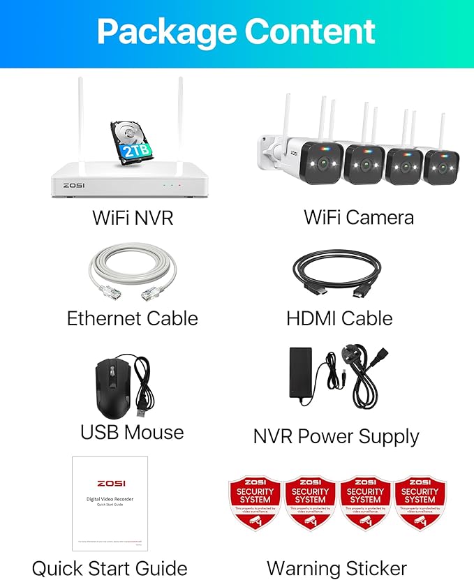 ZOSI 2.5K WiFi Security Camera Wireless Outdoor System,2TB HDD,8 Channel NVR for 24/7 Recording,4 x 4MP Cameras for Home with Color Night Vision,Person Vehicle Detection,2-Way Talk,Siren Alarm,Plug-in