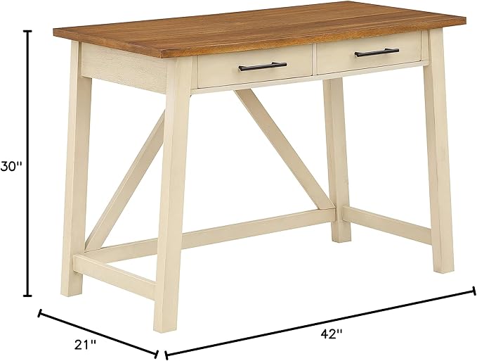 OSP Home Furnishings Milford Rustic 42 Inch Writing Desk with 2 Drawers and Burnished Decorative Hardware, Antique White