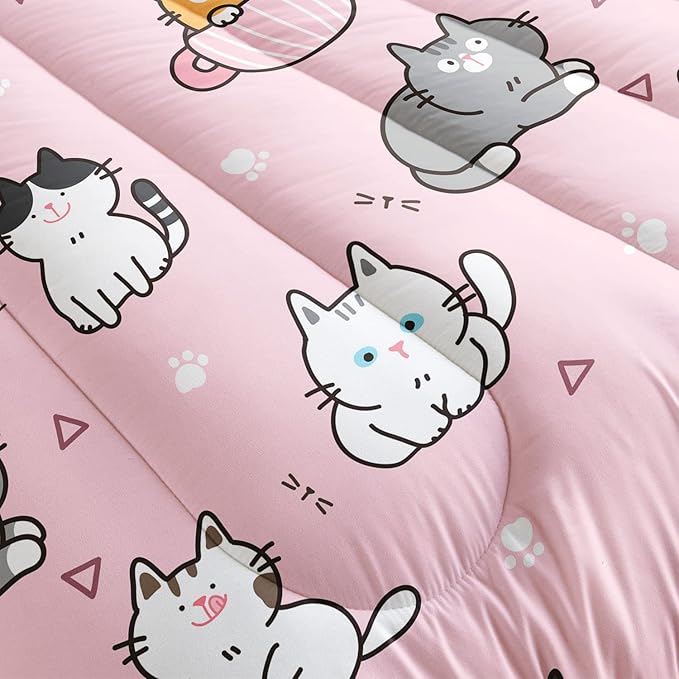 Datura home Pink Kawaii Cat Comforter Bedding Set for Girls Lovely Kitten Print Cute Animal Pattern with 1 & 2 Pillowcases Bedroom All Season(Cat Queen), Queen 90x90inches
