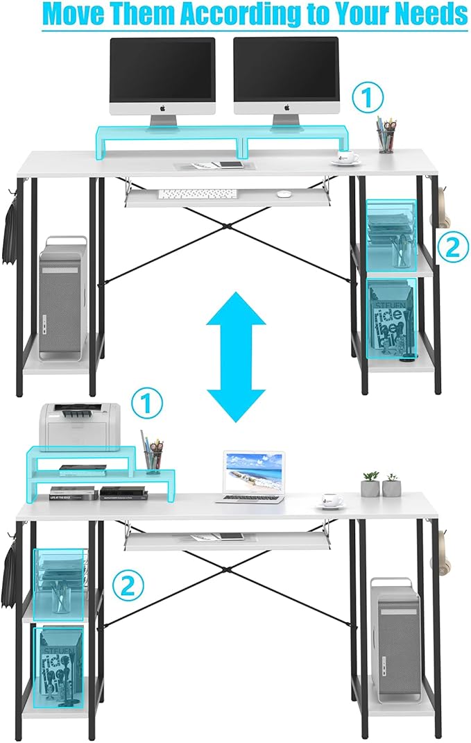 Computer Desk with Keyboard Tray, 55 Inch Music Studio Desk Music Production Desk with Storage Shelves Monitor Stands and 4 Iron Hooks, Desk Workstation Gaming Table for Home Office
