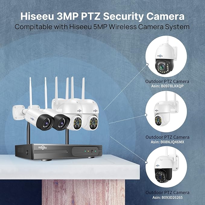 Hiseeu Security Cameras Wireless Outdoor System 5MP PTZ&Bullet Cameras IP66 Waterproof -Night Vision Motion Alert with 1TB Storage WiFi Security Camera No Monthly Fees