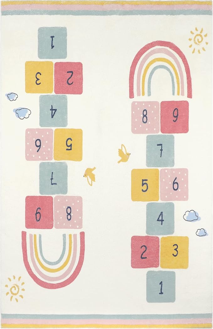 Topotdor Rainbow Sky Hopscotch Game Rugs,Kids Play Area Rugs Soft Floor Carpet for Bedroom Playroom Nursery,Great Gift for Girls & Boys,47" x 71"