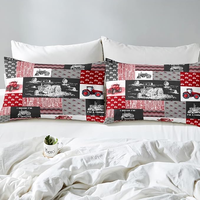 Erosebridal Red Tractor Bedding Set for Boys Queen,Construction Tractor Comforter Set Kids Teens Equipment Trucks Down Comforter Black White Construction Vehicle Quilt Set Bedroom Decor
