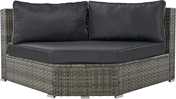 Patio 7-Piece Set, Half-Moon Curved Sectional Sofa Outdoor Rattan Furniture with Ottoman and No-Slip Cushions for Balcony, Porch, Garden, Zc-Grey