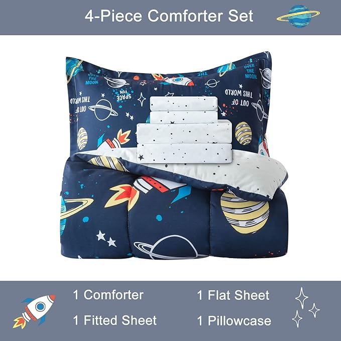 Planet Twin Comforter Set for Boys Girls 4-Piece Rocket Kids Bedding Sets Galaxy Space Stars Bedroom Decor - Include Reversible Comforter, Flat Sheet, Fitted Sheet and Pillowcase