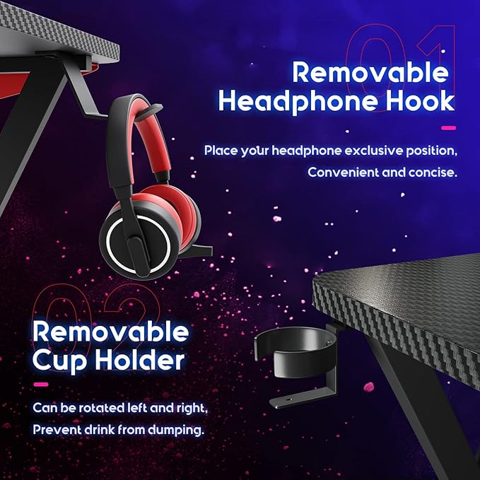MOTPK L Shaped Gaming Desk 58 Inch, Gaming Computer Desk L Shape with Carbon Fiber Surface, Gamer Desk Gaming Table with Monitor Shelf, Cup Holder & Headphone Hook, Black