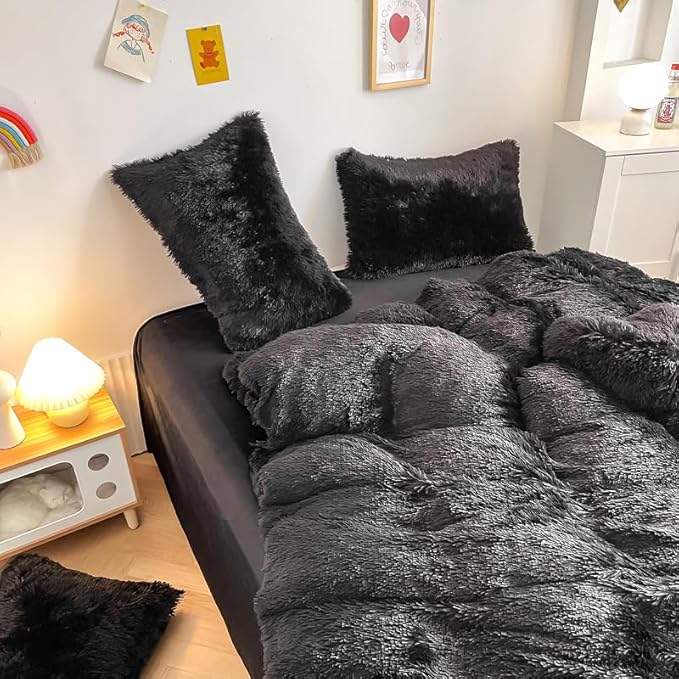 Faux Fur Kids Girls Black Comforter Sets Twin/Full - 3PC Bed Set Warm Comfortable Soft Plush Flannel Velvet Fluffy Fuzzy Bedding(Comforter x 1 Pillowcases x 2)