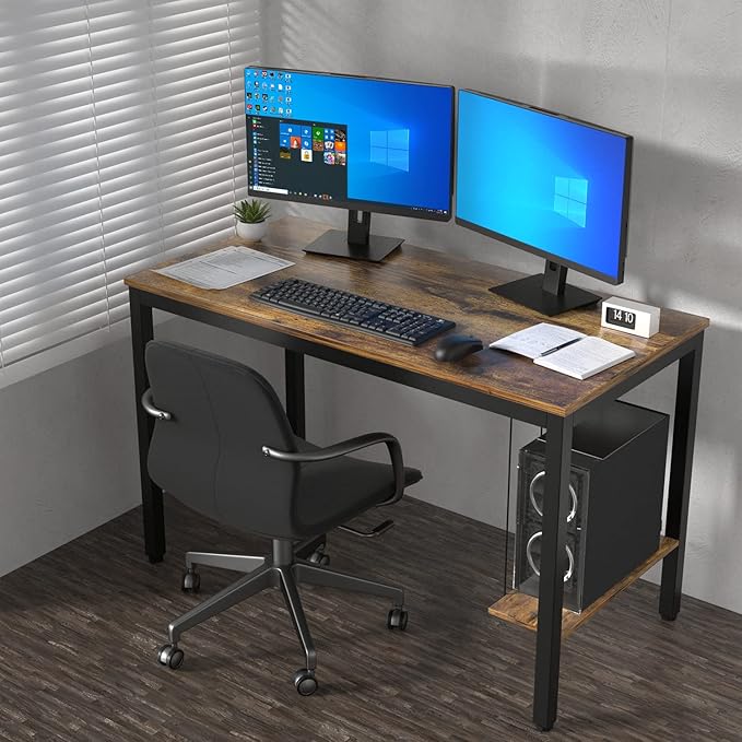 Computer Desk 47" Writing Desk Study Table with CPU Storage Shelf for Home Office, Workstation, Office, Gaming Room- Sturdy Stable Black Metal Frame, Rustic Brown