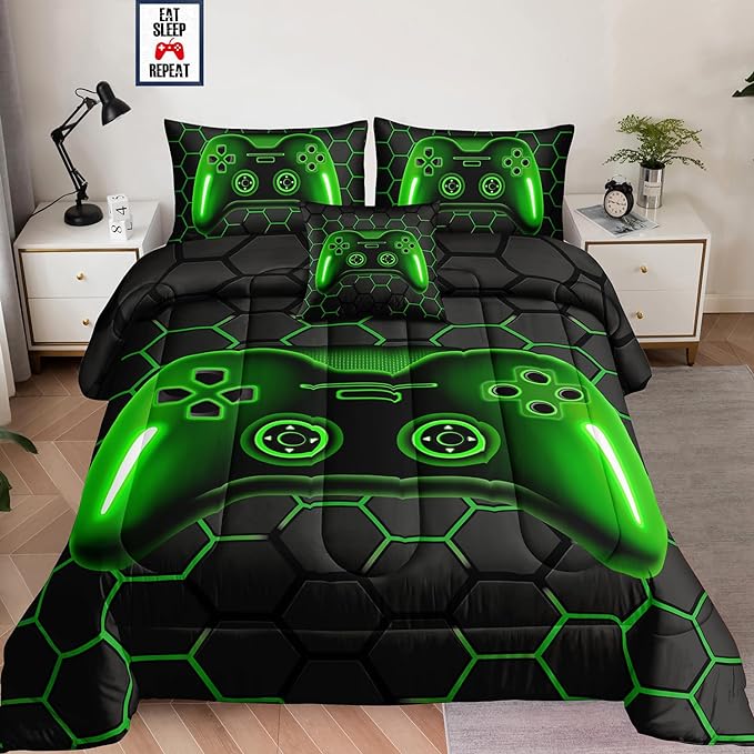 6 Pieces Bed in a Bag for Boys Bedding Sets Queen Size,Gamer Comforter Sets for Boys Kids, Gaming Comforter Set for Boys Room Decor with Flat Sheet,Fitted Sheet,Pillowcase,Cushion Cover