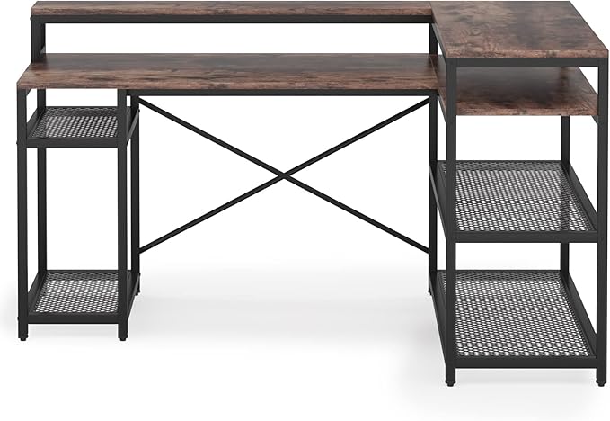 Tribesigns L Shaped Desk with Storage and Monitor Stand, Industrial Home Office Computer Desk with Storage Shelves, 59 Inch Corner Desk with Monitor Shelf(Brown)