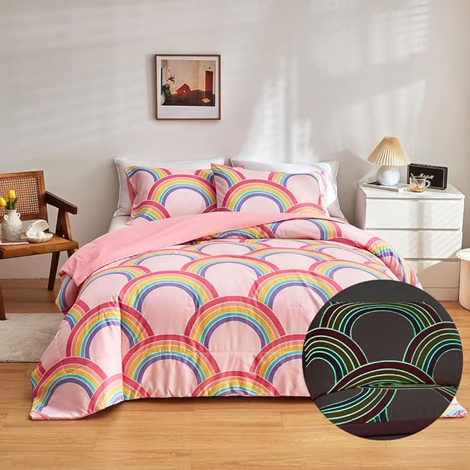 Feelyou Rainbow Glow in The Dark Comforter Set for Girls Kids Full Pink Rainbow Bedding Set Super Soft Colorful Stripe Mermaid Scales Comforter Baby Girl Bedroom Pink Decor Bedding Quilted Duvet