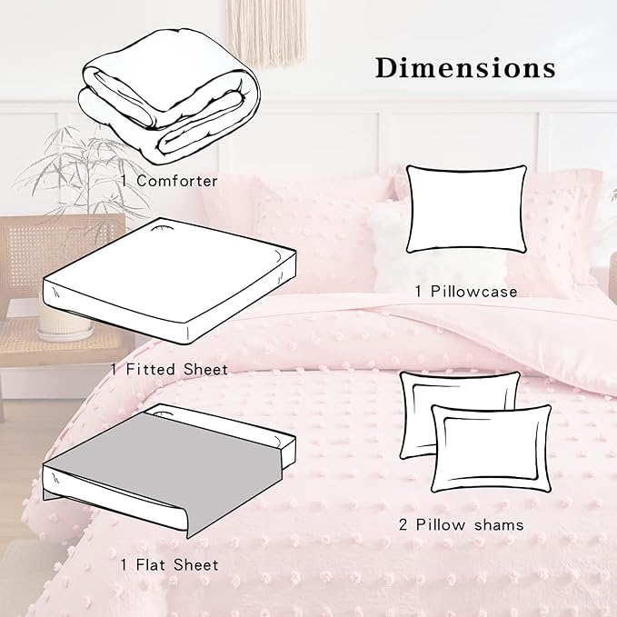 6 Pieces Tufted Dots Bed in a Bag Twin Comforter Set Girls Pink , Soft and Embroidery Shabby Chic Boho Bohemian Comforters, Luxury Solid Color with Pom Pom Design, Jacquard Tufts Bedding Set for Kids