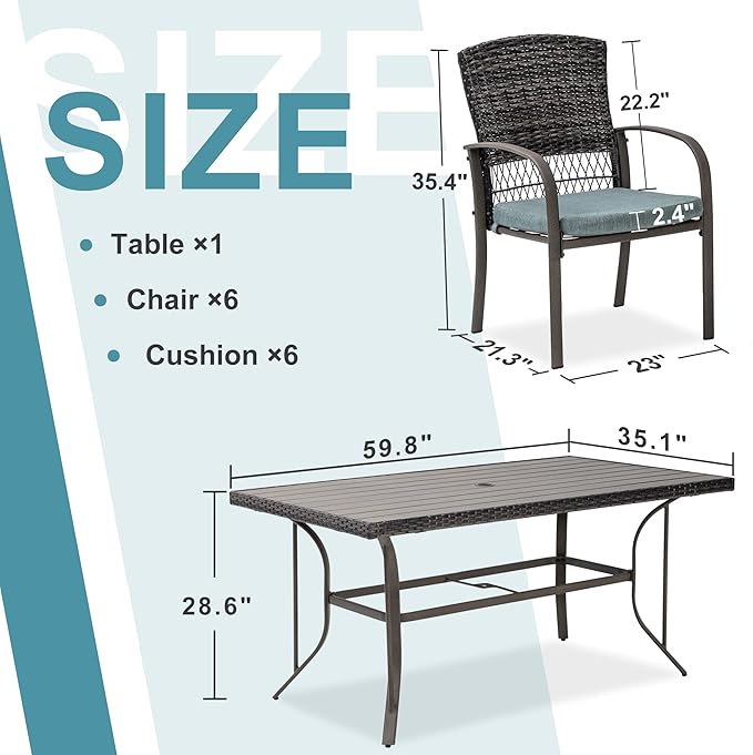 Patio Dining Set for 6, 7 PCS Patio Table & Chair Set, Metal Slatted Table with 2" Umbrella Hole, All-Weather Wicker Patio Dining Furniture with Removable Cushions for Deck, Lawn, Garden(Green)