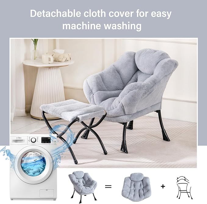 Welnow Toddler Kids Lazy Chair with Ottoman, Accent Comfy Lounge Children Armchair Couch with Armrest and Removable Cover, Detachable Reading Chair with Footrest for Boy or Girl, Plush Grey