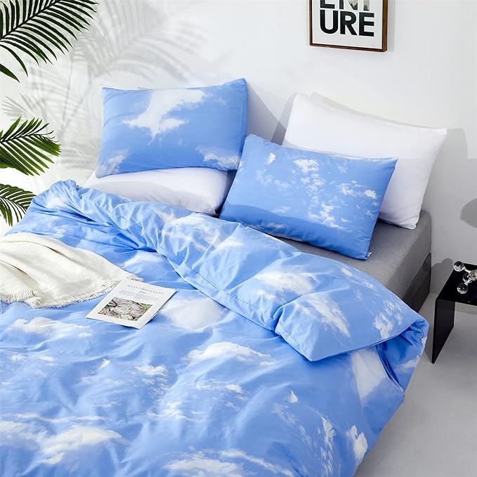 Cotton Blue Cloud Comforter Set Cal King Size Sky Blue Comforter Cotton 3 Pieces Soft Light Blue California King Comforter Bedding Set Women Solid Blue Plus Size Bed Comforter Set All Season