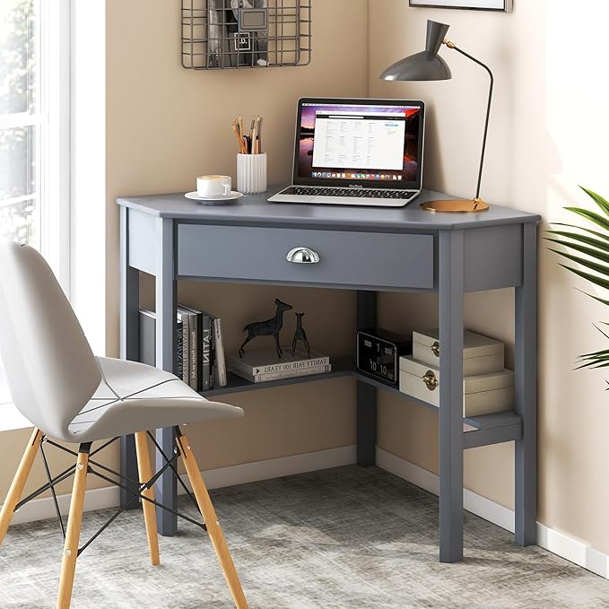 Nightcore Small, Wood Computer Desk, Compact Writing w/Drawer & Storage Shelves, Space Saving Study Workstation, Laptop PC Corner Table, Grey