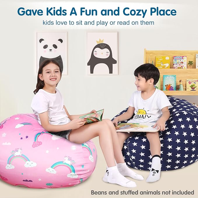 Lukeight Stuffed Animal Storage Bean Bag Chair Cover for Kids, Zipper Beanbag Chair Cover for Organizing Toddler & Kids' Rooms Plush Toys (Stars Navy, Large)