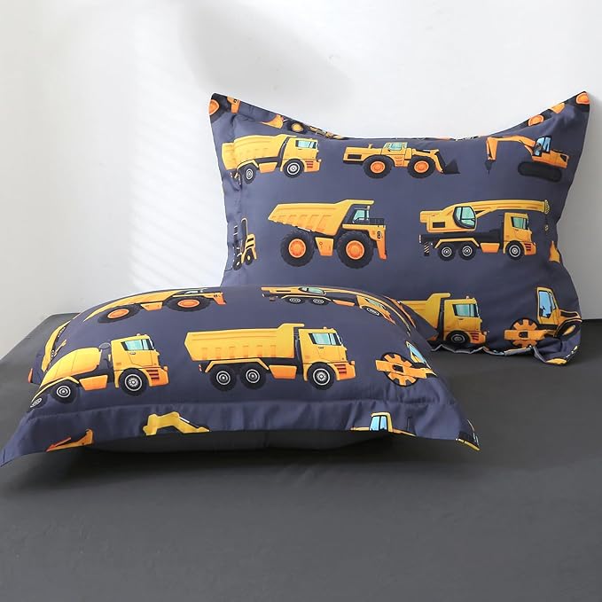Wajade 7 Piece Construction Truck Kids Comforter Set for Boys Twin Size 3D Vehicles Excavator Cars Bedding Set for Kids Teens(1 Comforter, 1 Flat Sheet, 1 Fitted Sheet, 2 Pillowcase and 2 Pillow Sham)