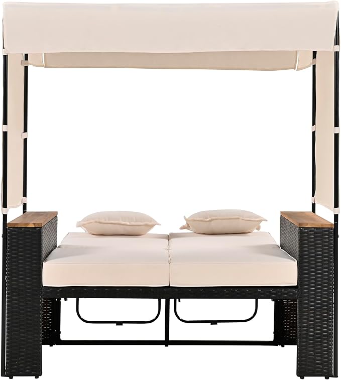 Outdoor Patio Conversation Set, 2-Piece Patio Bench Rattan Roof Set, Effective UV Protection Fabric & Waterproof Cushions and Adjustable Backrest for Garden, Backyard and Porch
