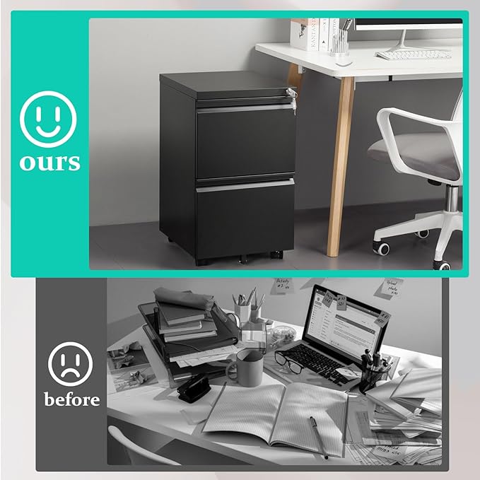 2-Drawer Mobile File Cabinets Rolling Metal Filing Cabinet for Legal & Letter File Anti-tilt Design with Lock Under Desk Office Drawers Fully Assembled Except Casters Black