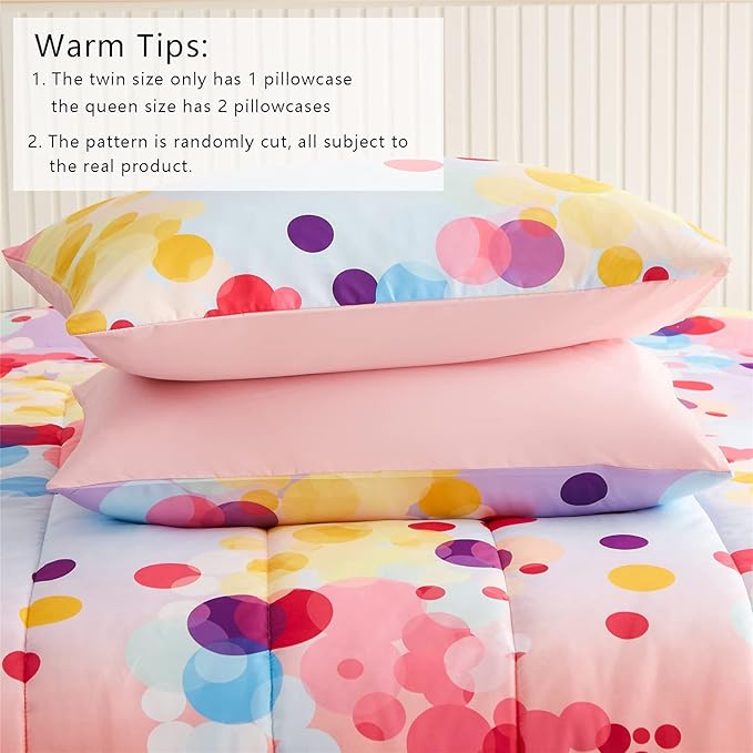 Rainbow Ombre Comforter Set Queen Size for Girls, Colorful Bubbles Polka Dots Comforter for Kids Teen, 3 Piece Orange Pink Purple Blue Gradient Pastel Bedding Set with 2 Pillow Case(Rainbow,Queen)