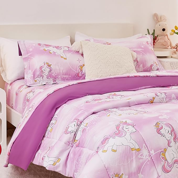 Unicorn Kids Comforter Set for Girls Full Size, Cute Reversible Quilted Lavender Printed Bedding Set with Pillow Sham, Lightweight Soft Breathable Machine Washable Bed Set 3 Piece