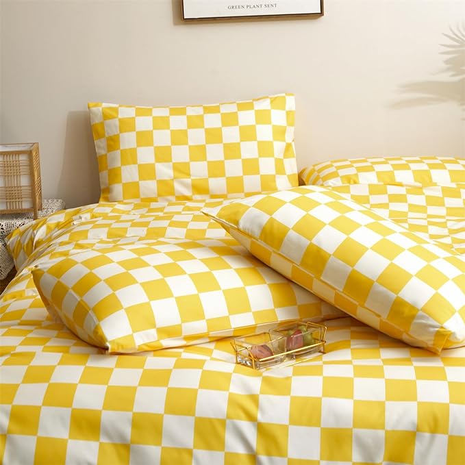 Wellboo Yellow and White Comforter Sets King Women Men Bright Yellow Checkerboard Grid Bedding Comforters Cotton Boys Girls Modern Light Yellow Checkered Geometric Quilts Luxury Elegant Yellow Bed