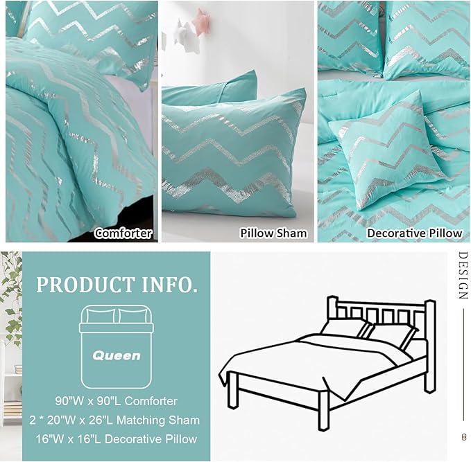 Aqua Comforter Set Queen Size Metallic Teal and Silver Bedding Set, 4 Piece Lightweight Microfiber Bed Set for Teen Girls Women (2 Pillow Shams + 1 Decorative Pillow Sham)