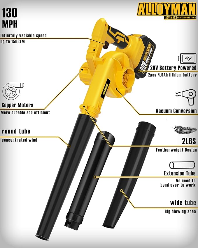 ALLOYMAN Leaf Blower, 20V Cordless Leaf Blower, with 2 X 4.0Ah Battery & Charger, 2-in-1 Electric Leaf Blower & Vacuum for Yard Cleaning/Snow Blowing.