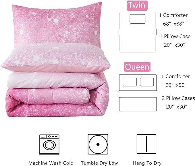 Pink Glitter Comforter Set Full/Queen Size for Girls, Sparkle Galaxy Twinkle Starlight Comforter for Kids Teen,2 Piece Pink Ombre Pastel Bedding Set with 2 Pillow Cases(Pink)