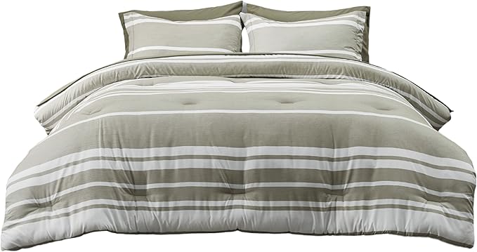 Bedsure Bed in a Bag Twin Size 5 Pieces, Olive Green White Striped Bedding Comforter Sets All Season Bed Set with 1 Pillow Sham, Flat Sheet, Fitted Sheet and 1 Pillowcase
