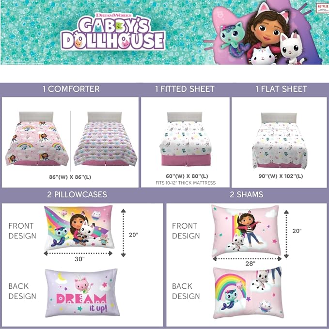 Franco Gabby's Dollhouse Kids Bedding Super Soft Comforter and Sheet Set with Sham, 7 Queen Size, (Official Licensed Product)
