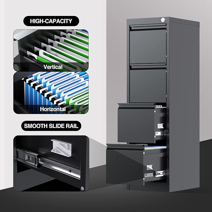 4 Drawer File Cabinet, Vertical Filing Cabinets with Lock, Metal File Cabinets for Home Office A4 Letter/Legal Size, Assembly Required