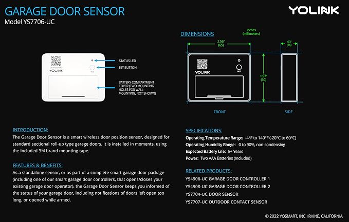YoLink Smart Garage Door Sensor, Garage Door Position Sensor with Door Left-Open Reminders, Alexa, Google, IFTTT, Home Assistant (Hub Required)