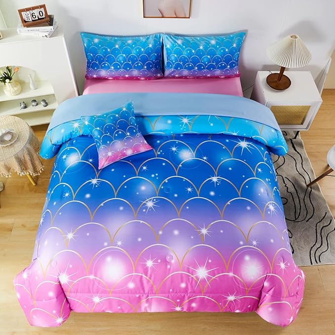 URBONUR 6Pcs Mermaid Comforter Set for Girls Full Size Bed in a Bag Pink Purple Blue Sparkle Glitter Bedding Set Soft All Season Comforter with Sheet Set