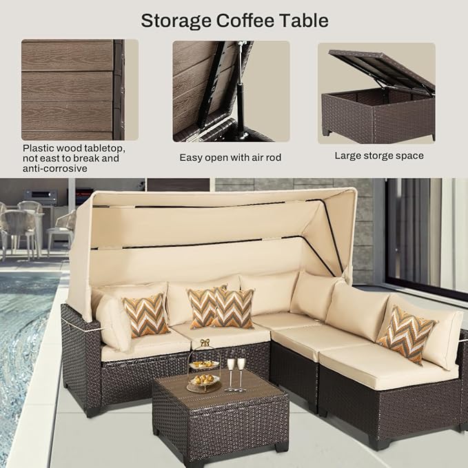 6 PCS Outdoor Patio Furniture Set,Sectional Sofa Set,Rattan Daybed with Retractable Canopy,Adjustable Backrest,Storage Coffee Table for Porch Garden Poolside Backyard(Khaki)