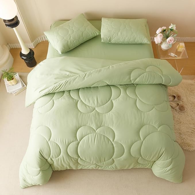 Sage Flower Comforter Queen Green Sunflower Print Bed Queen Comforter Set 3 Pieces Green Floral Comforter Set for Women Girls Bedroom Decor All Season Hotel Quality Comforter Set