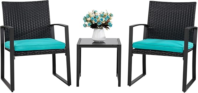 Shintenchi 3 Pieces Outdoor Patio Furniture Set, Modern Wicker Bistro Set, Conversation Rattan Chair of 2 with Coffee Table for Yard Porch Poolside Lawn(Blue Cushion)