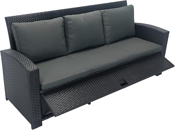 5 Pieces Outdoor Rattan Patio Furniture Sectional, Seater Conversation Set with 3 Storage Under Seat Wicker + Dark Grey Cushion for Backyard, Deck, Poolside, Zl-Black
