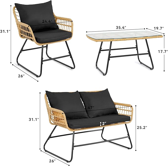 YITAHOME 4-Piece Patio Furniture Wicker Outdoor Bistro Set, All-Weather Rattan Conversation Loveseat Chairs for Backyard, Balcony and Deck with Soft Cushions and Metal Table (Light Brown+black)
