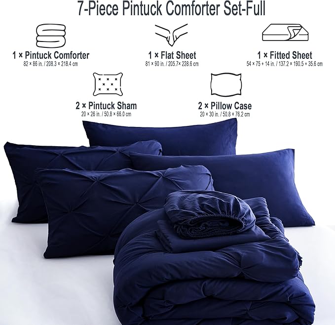 Ubauba 7pc Full Size Bed Comforter Set with Sheets, Dark Blue Pinch Pleating 7 Piece Bed in a Bag, Pintuck Royal Blue Bedding Sets for All Season (Navy,Full)