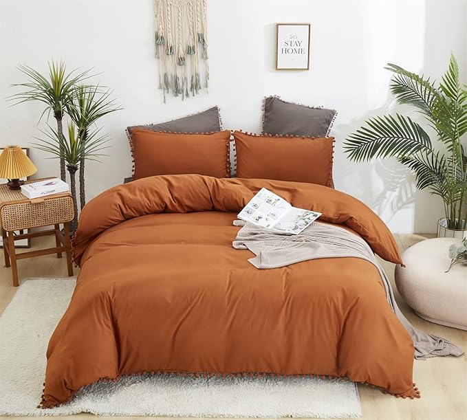 Pumpkin Comforter Set King Burnt Orange Pom Comforter 3 Pieces Pumpkin Color Boho Ball Pom Fringe King Comforter Bedding Set Women Solid Pumpkin King Bed Comforter Set All Season Gift