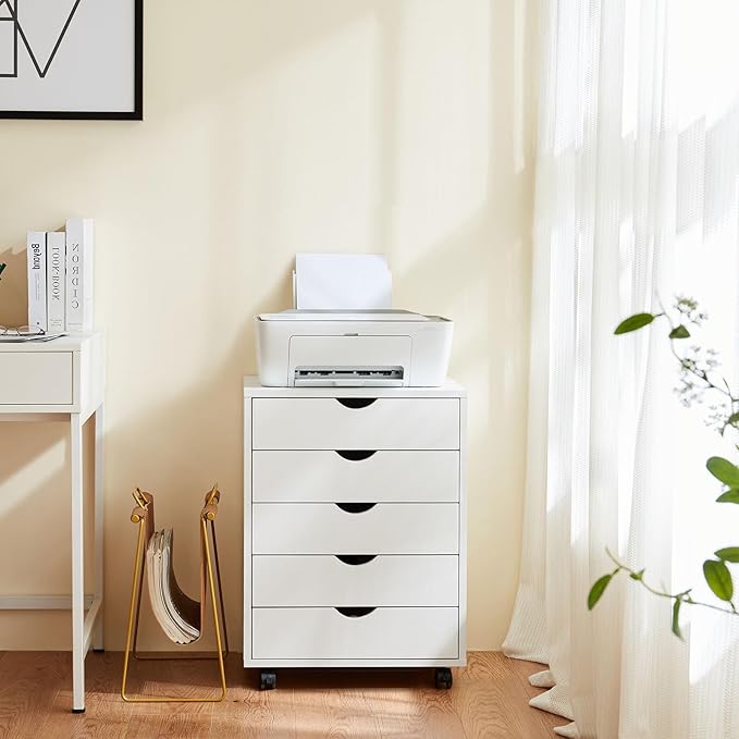 DUMOS 5 Drawer File Cabinet 5 Wood Rolling Organizer Storage Chest with Wheels Mobile Printer Stand for Home Office, White