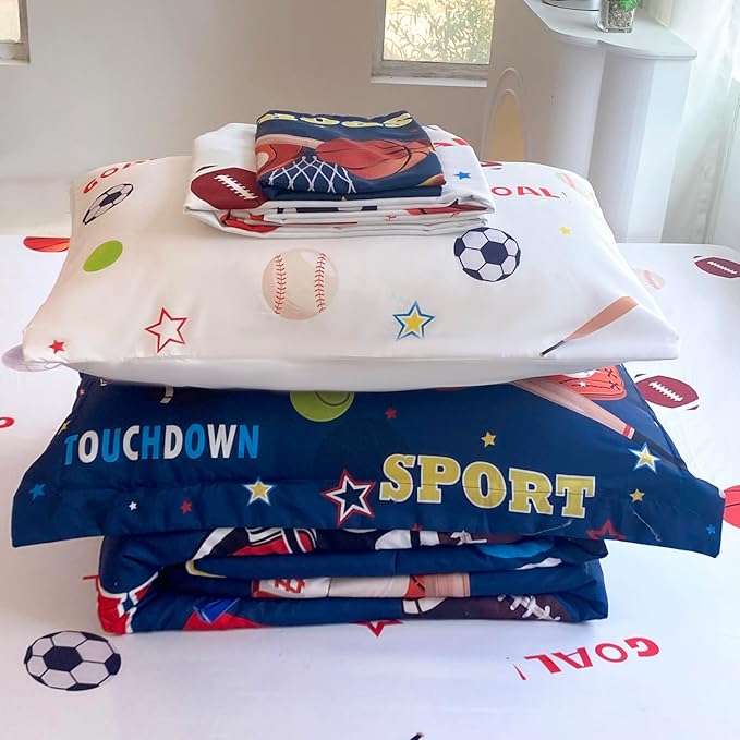 Sports Comforter Set Twin Size for Boys Kids Teens 7 Piece Basketball Baseball Bed in A Bag Soccer Football Trophies Bedding Set All Season Lightweight