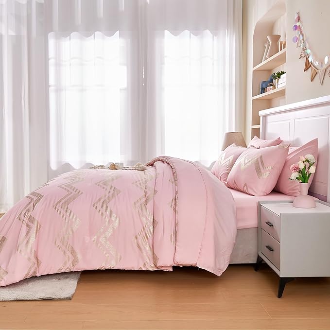 Wowelife 6 Pieces Pink Twin/Twin XL Comforter Set for Girls Kids Twin Bedding Sets Gold Glitter Foil Bed in A Bag with Comforter, Flat Sheet, Fitted Sheet, 2 Pillow Shams and 1 Pillowcase