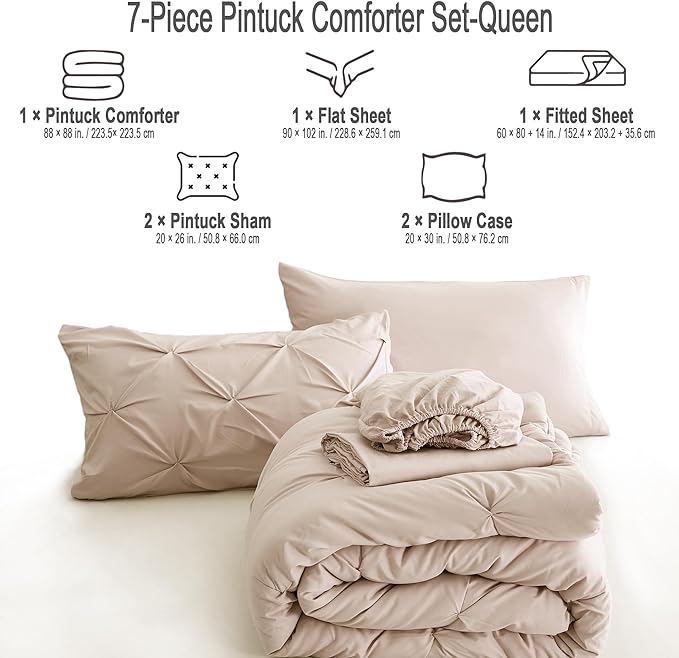 Ubauba 7pc Beige Queen Comforter Set with Sheets, 7 Piece Pintuck Bed in a Bag Ivory with Comforter and Sheets, Off White Bedding Comforters & Sets (Cream, Queen Size)
