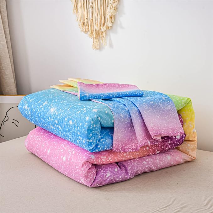 Holawakaka Kids Space Star Glitter Comforter Set Ombre Multi-color Print Gradient Bedding Set Full Size (Multi-color, Full)