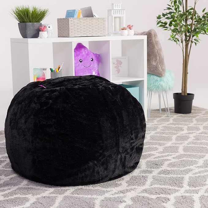 Posh Creations Bean Bag Chair for Kids, Teens, and Adults Includes Removable and Machine Washable Cover, Soft Faux Rabbit Fur - Black, 27in - Medium