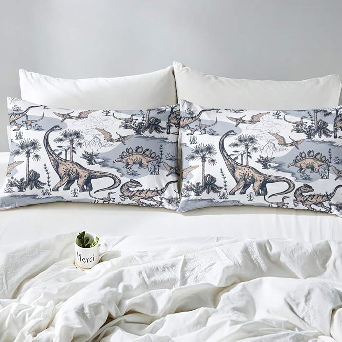 Erosebridal Kids Dinosaur Comforter Set, Dino Palm Tree Bedding Set Twin Size for Boys Teens Adult Bedroom, Ancient Animal Duvet Sets Mountain Tropical Botanical Quilted Duvet with 1 Pillow Case
